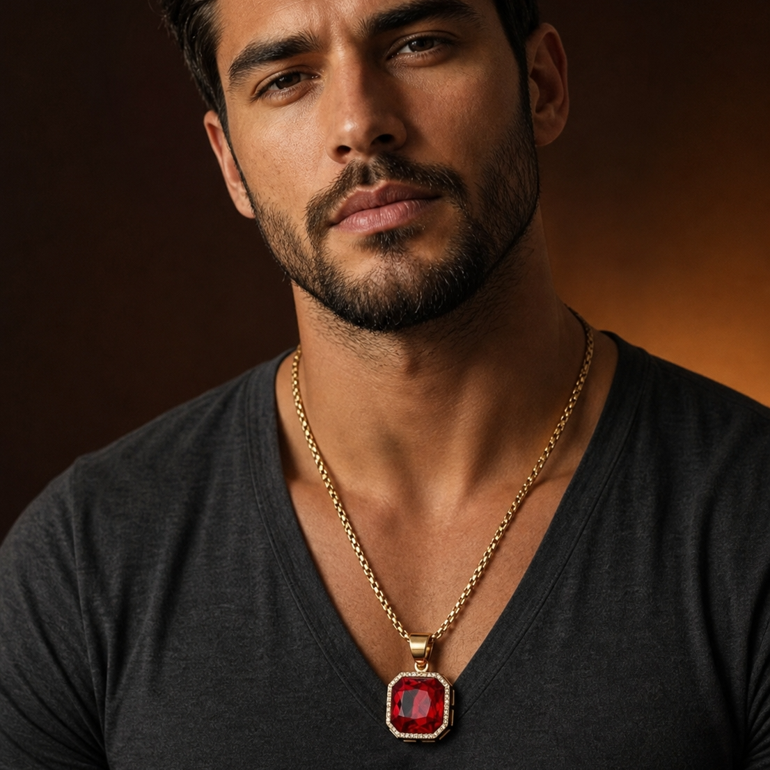 Ultra BOLD Posh RED Zircon Golden Necklace | 18K PVD REAL Gold Plated- For Men| Includes: Necklace