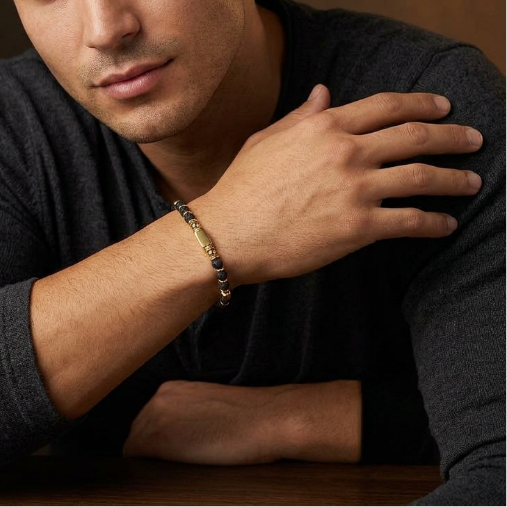 Ultra Rich Real Lava Stone Flexi Bracelet | 18K PVD Gold Plated- For Men | Includes: Bracelet