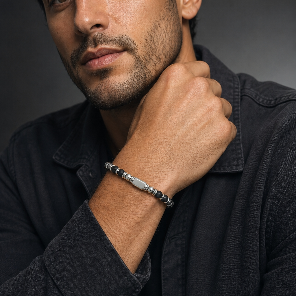 Ultra Rich Real Lava Stone Flexi Bracelet | TITANIUM Steel- For Men | Includes: Bracelet