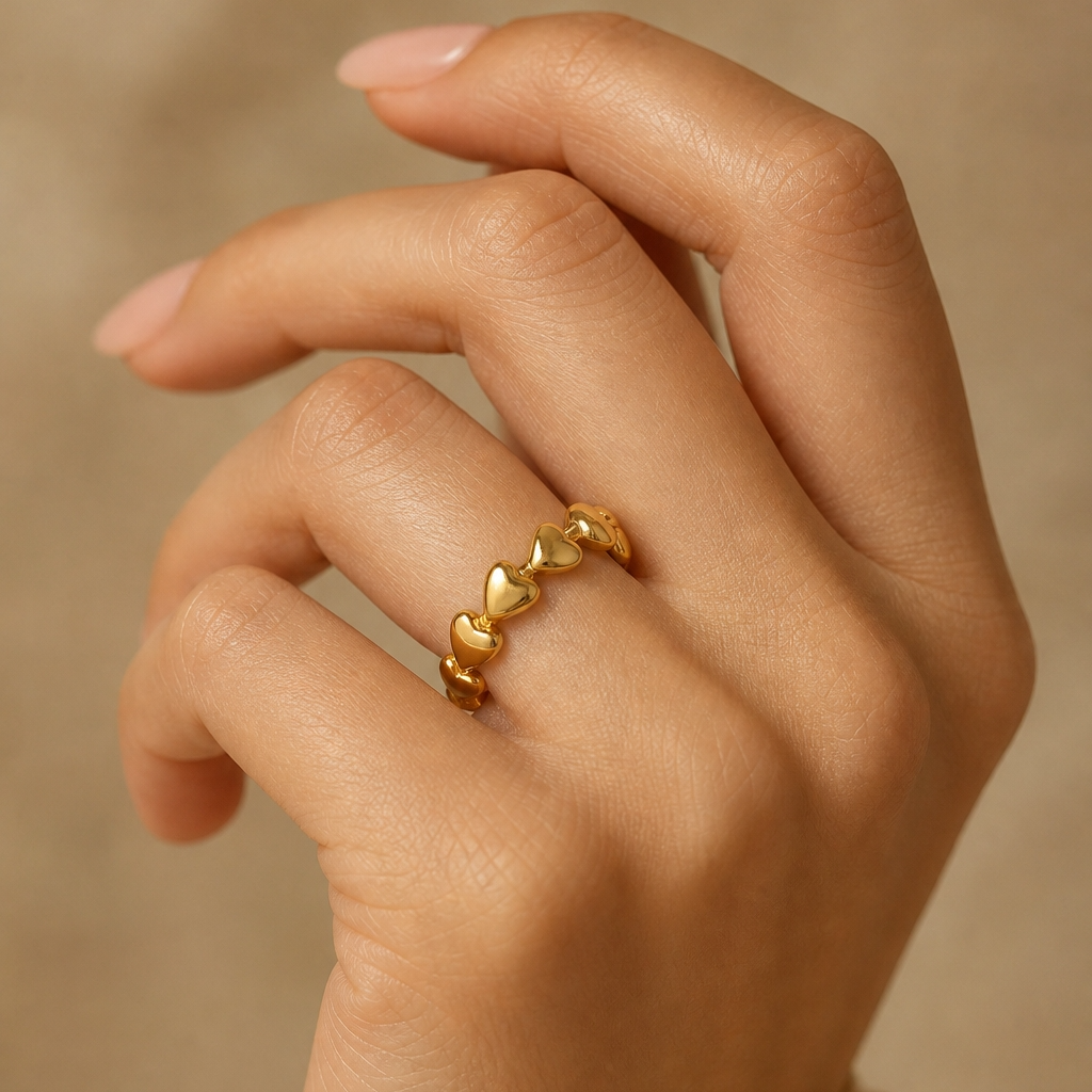 Heart Chain Golden Flexi Size Ring | 18K PVD Gold Plated- For Women | Includes: Ring