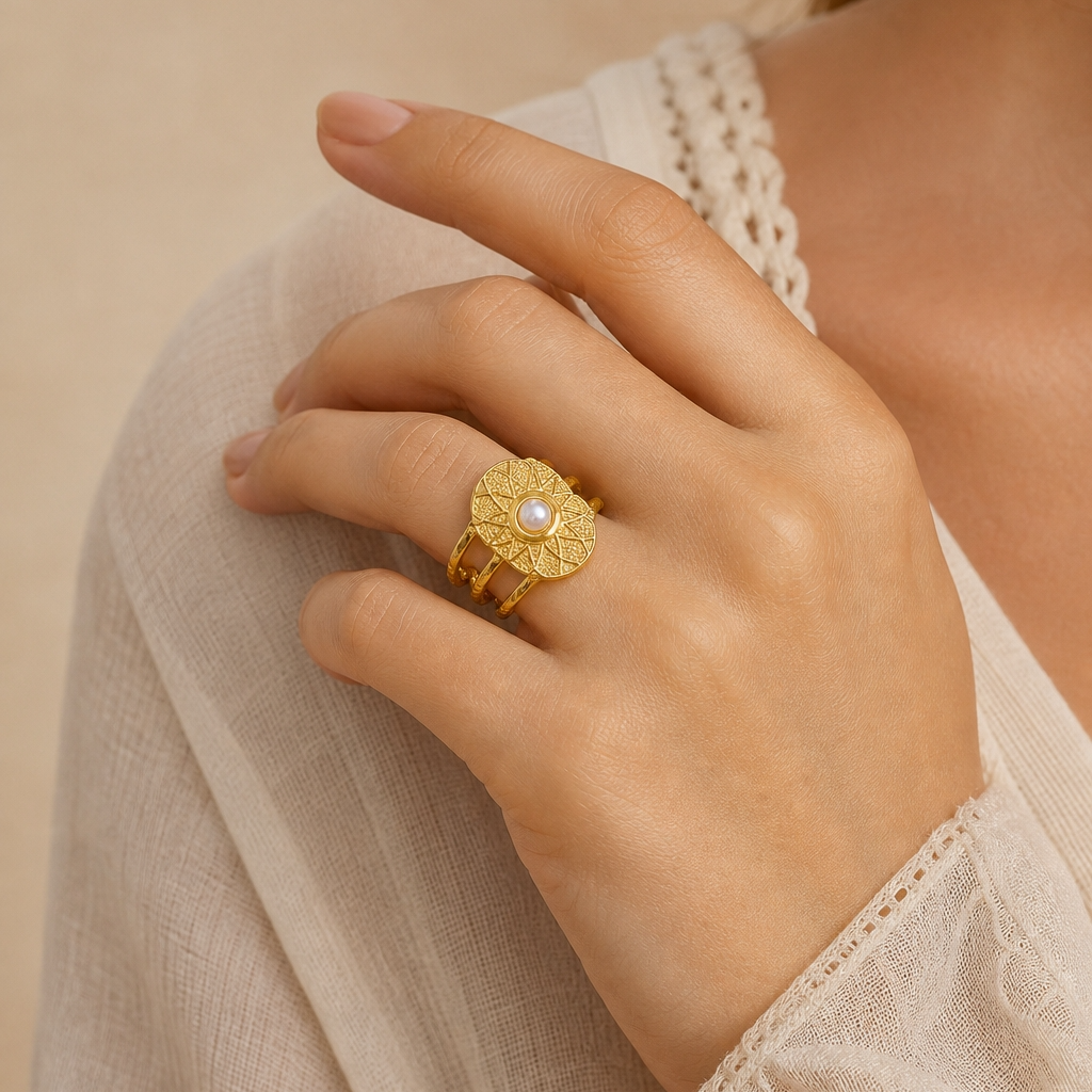 Ethnic Sun Pearl Flexi Size Golden Ring | 18K PVD Gold Plated- For Women | Includes: Ring