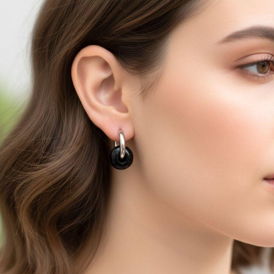 Midnight Loop Hoop Earrings | Onyx Stone & Silver PVD Plated - For Women | Includes: Earrings