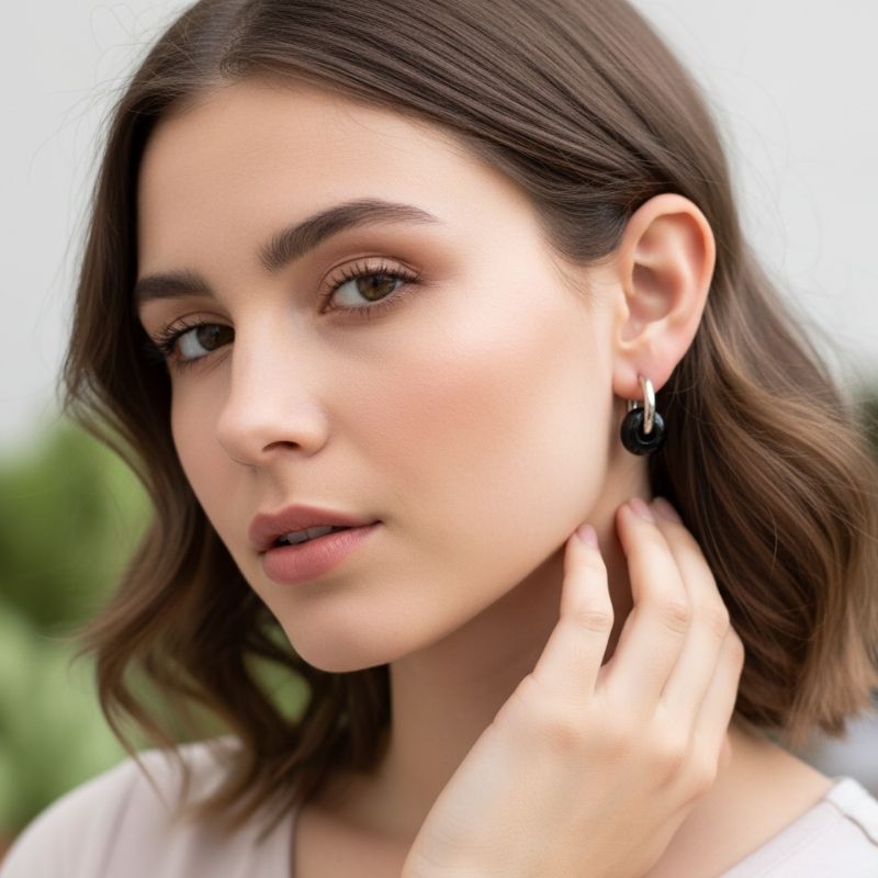 Midnight Loop Hoop Earrings | Onyx Stone & Silver PVD Plated - For Women | Includes: Earrings