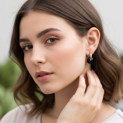 Midnight Loop Hoop Earrings | Onyx Stone & Silver PVD Plated - For Women | Includes: Earrings
