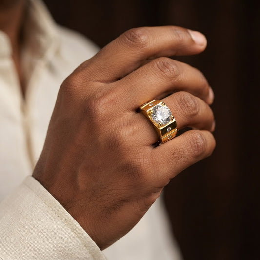 Ethnic Pyramid Solitire Clear Zircon Ring | 18K Real Gold PVD Plated– For Men | Includes: Ring