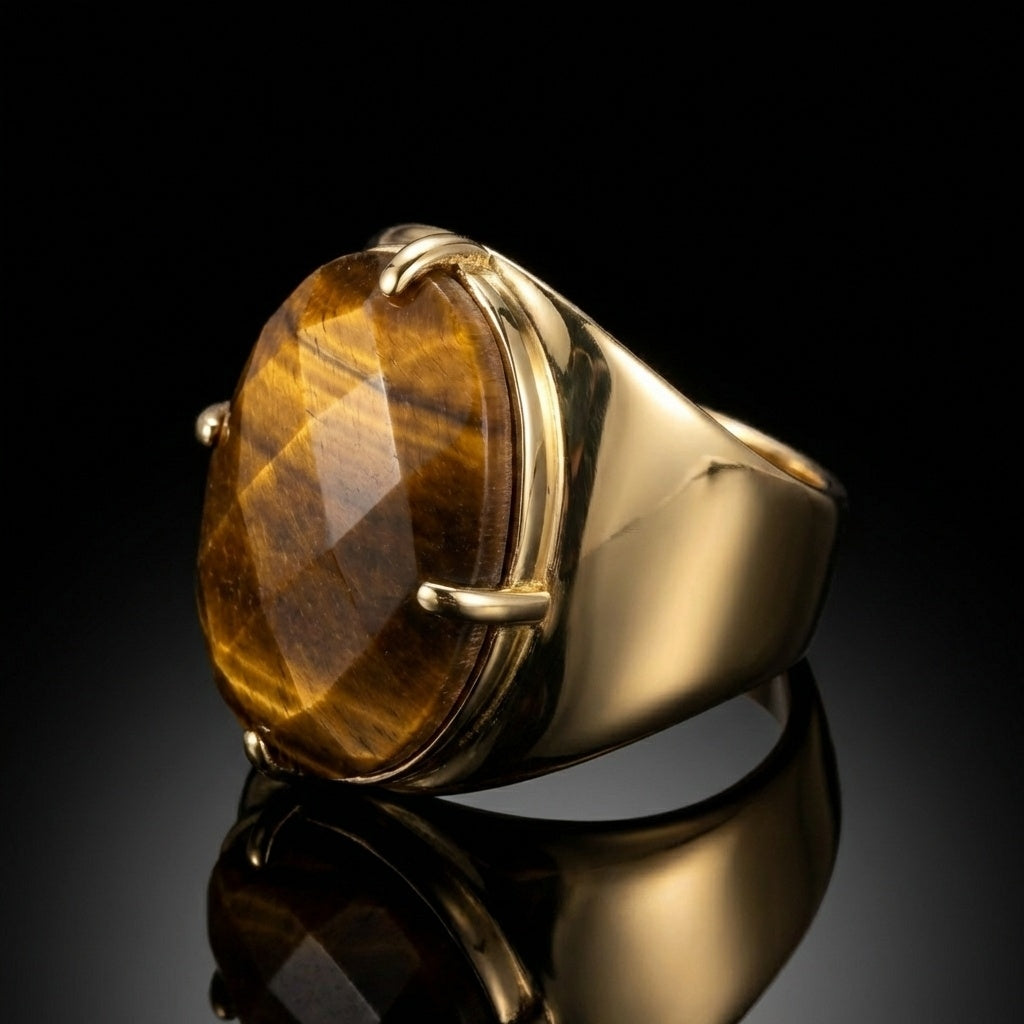 Natural Tiger Eye Faceted Stone Golden Flexi Size Ring | 18K Real Gold PVD Plated– For Men | Includes: Ring