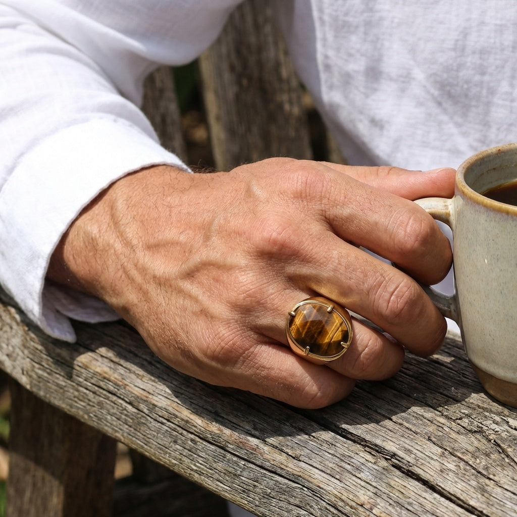 Natural Tiger Eye Faceted Stone Golden Flexi Size Ring | 18K Real Gold PVD Plated– For Men | Includes: Ring