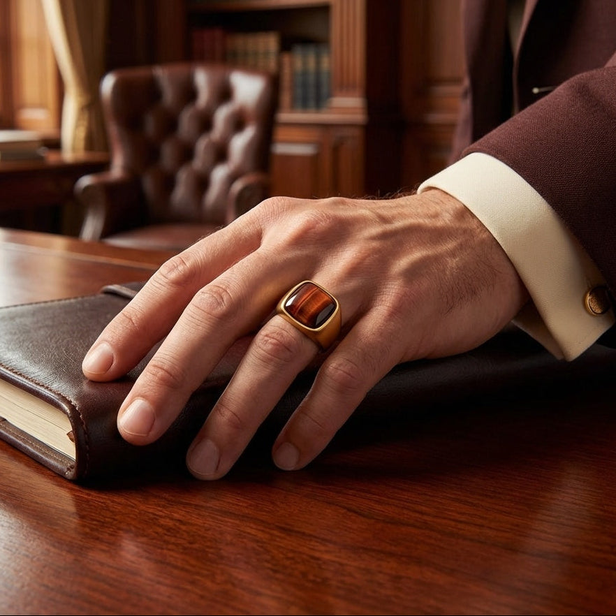Natural Red Tiger Eye Stone BOLD Titanium Golden Ring | 18K Real Gold PVD Plated– For Men | Includes: Ring