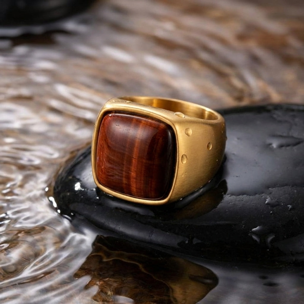Natural Red Tiger Eye Stone BOLD Titanium Golden Ring | 18K Real Gold PVD Plated– For Men | Includes: Ring