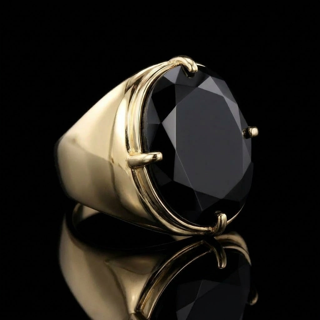 Natural Black Onyx Faceted Stone Golden Flexi Size Ring | 18K Real Gold PVD Plated– For Men | Includes: Ring