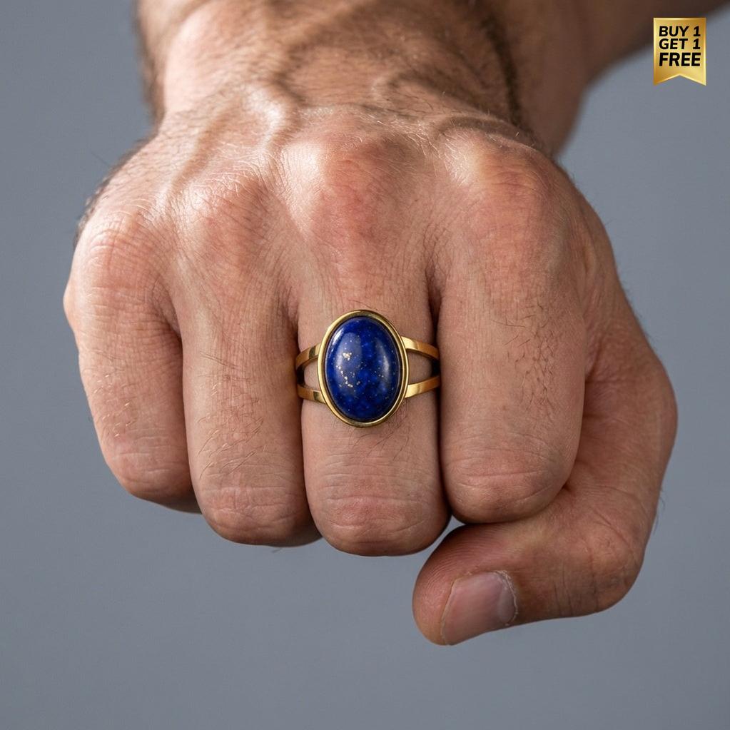 Lapis Lazuli Stone Golden Dual Band Oval Ring | 18K Real Gold PVD Plated– For Men | Includes: Ring