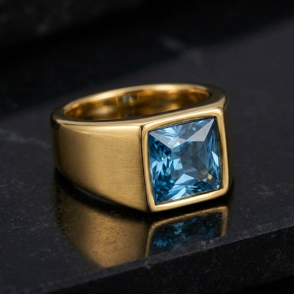 Golden Regular Light Blue Square Zircon Titanium Ring | 18K Real Gold PVD Plated– For Men | Includes: Ring