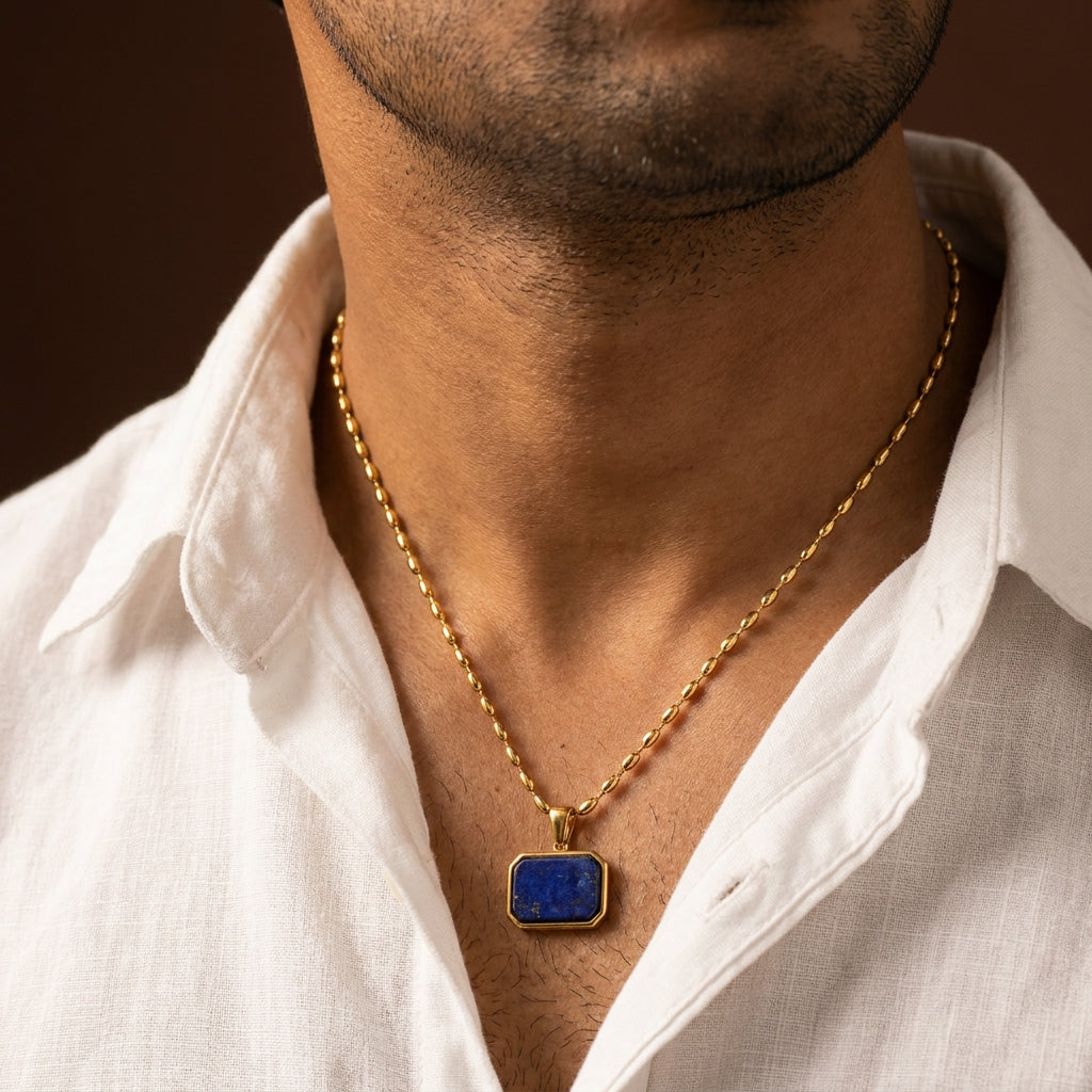 Lapis Lazuli REAL Stone Men's Necklace | 18K PVD Gold Plated - For Men| Includes: Necklace