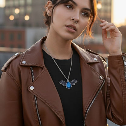 Night Flight Necklace | Silver Bat Pendant with Blue Stone | Unisex