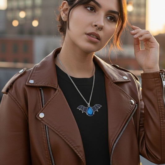 Night Flight Necklace | Silver Bat Pendant with Blue Stone | Unisex