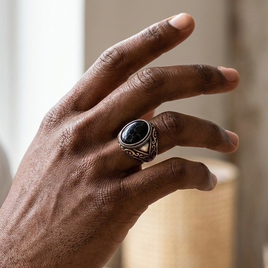 Black Turquoise Stone Arabic Ring | Titanium Steel– For Men | Includes: Ring