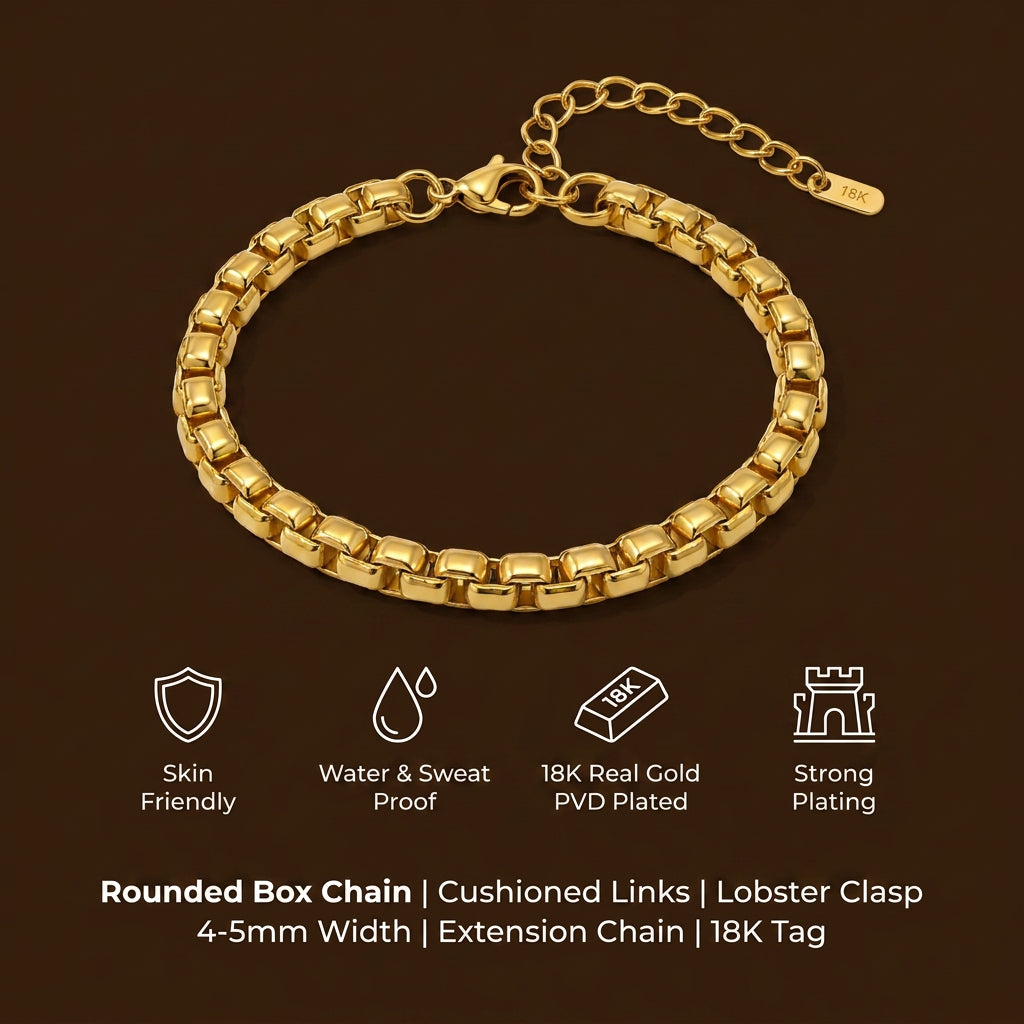 Golden Box Design Flexi Size Steel Regular Bracelet (6MM) | 18K PVD Gold Plated- For Men | Includes: Bracelet