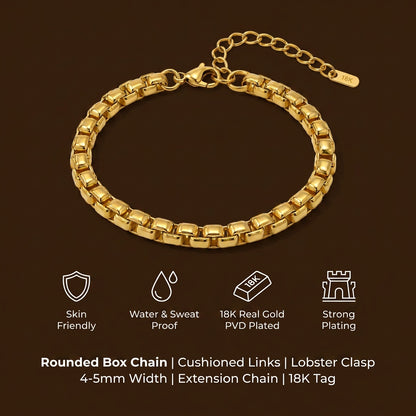 Golden Box Design Flexi Size Steel Regular Bracelet (6MM) | 18K PVD Gold Plated- For Men | Includes: Bracelet