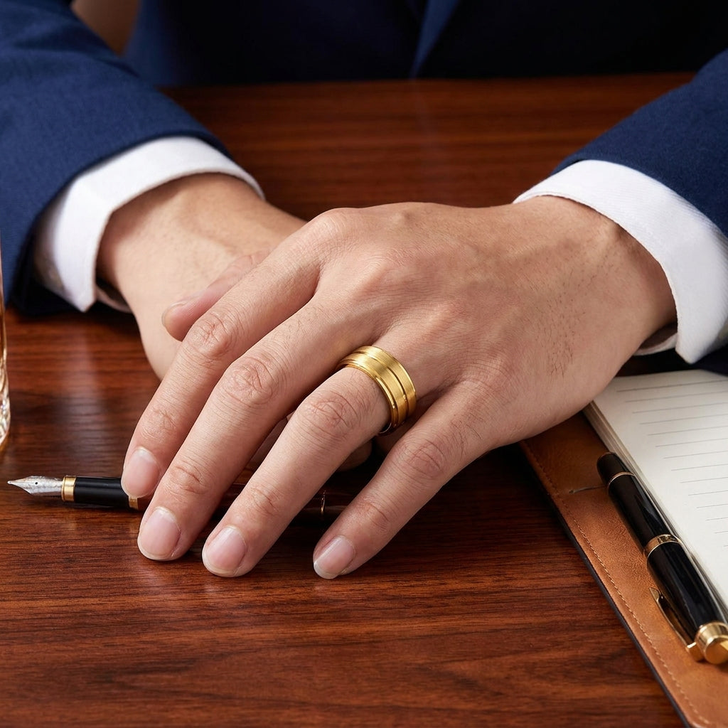 Premium mid-line Golden Steel Ring | 18K Real Gold PVD Plated– For Men | Includes: Ring