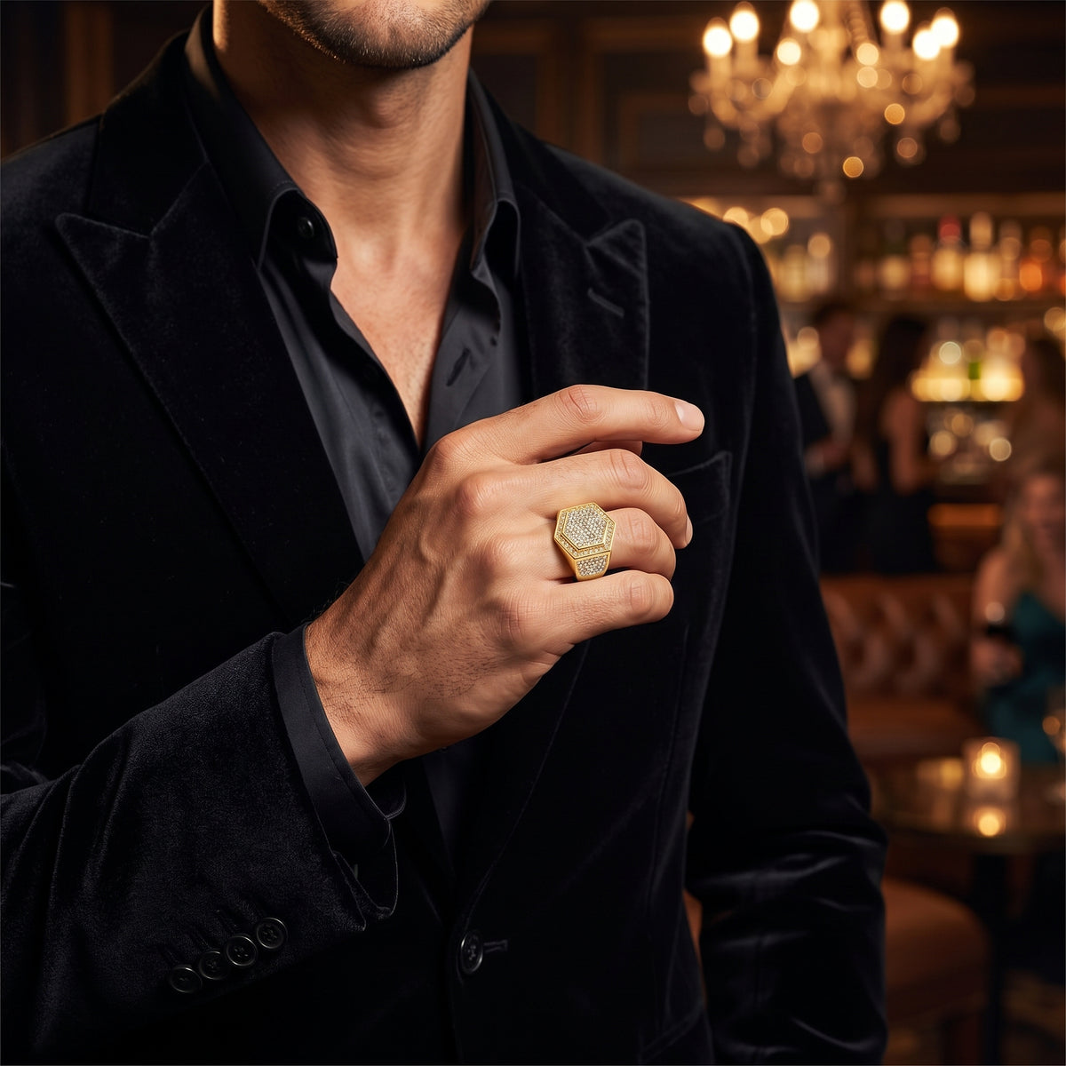 Golden Hexagon Micro Zircon Bold Steel Ring | 18K Real Gold PVD Plated– For Men | Includes: Ring