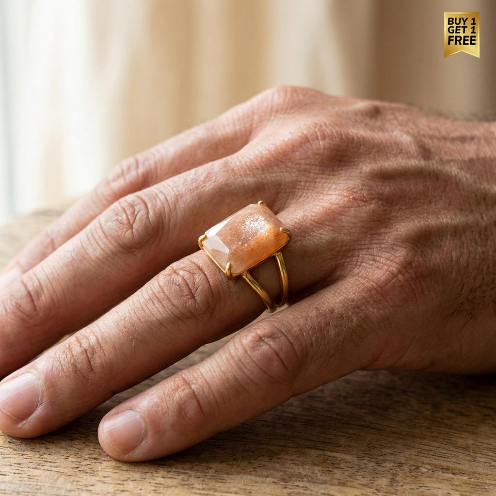 BOLD Natural Berry Quartz Golden Flexi Size Ring | 18K Real Gold PVD Plated– For Men | Includes: Ring