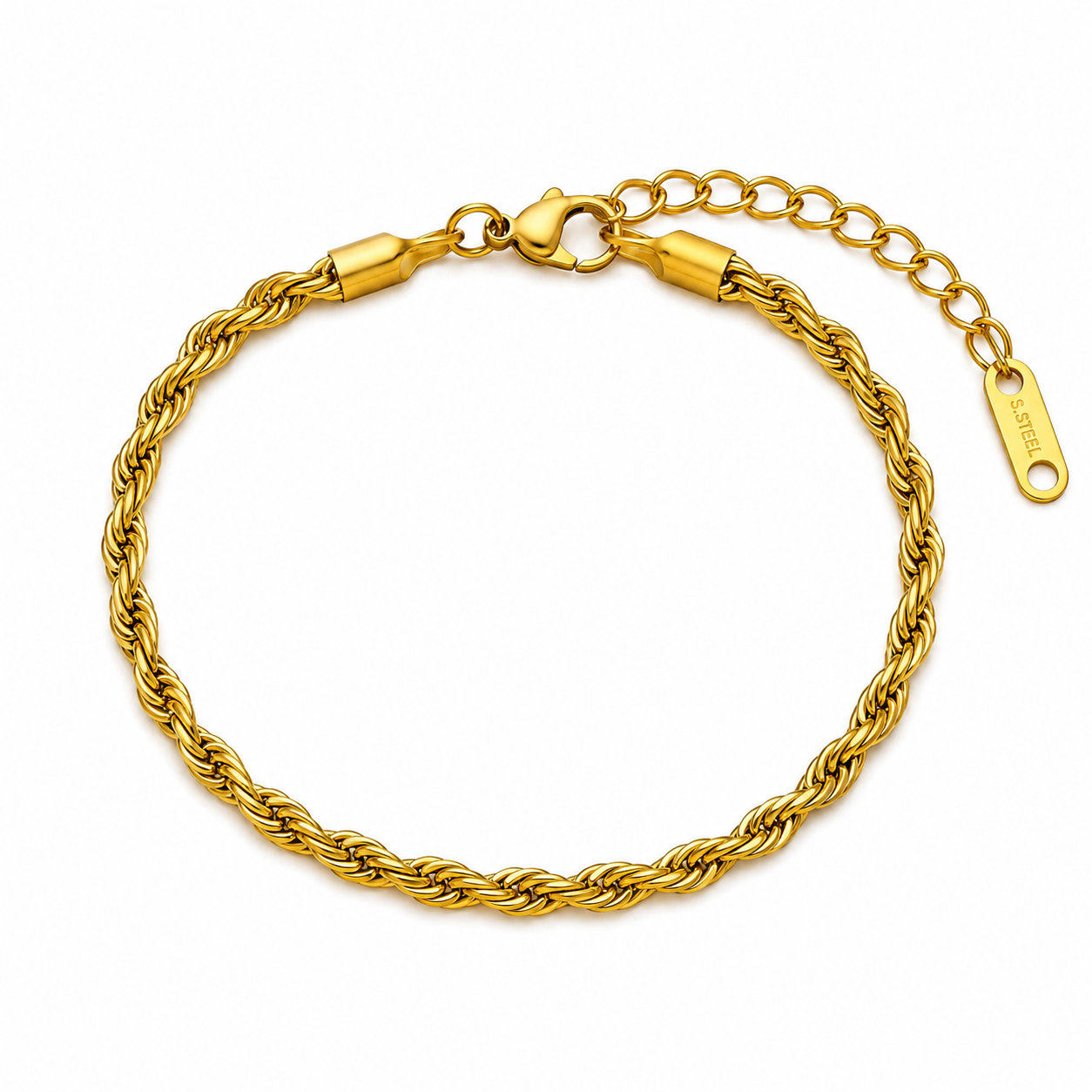 Golden Rope Flexi Size Steel THIN Bracelet (4MM) | 18K PVD Gold Plated- For Men | Includes: Bracelet
