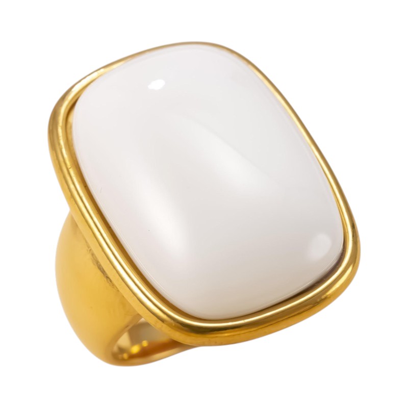 Ultra Bold Natural White Agate Stone Golden Ring | 18K Real Gold PVD Plated– For Women | Includes: Ring