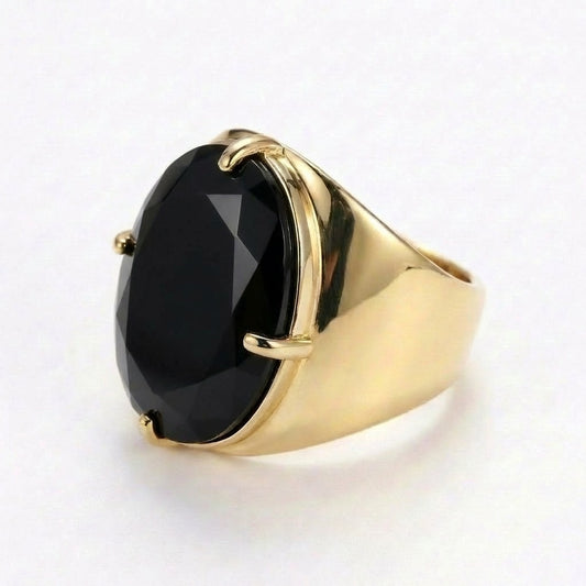 Natural Black Onyx Faceted Stone Golden Flexi Size Ring | 18K Real Gold PVD Plated– For Women | Includes: Ring