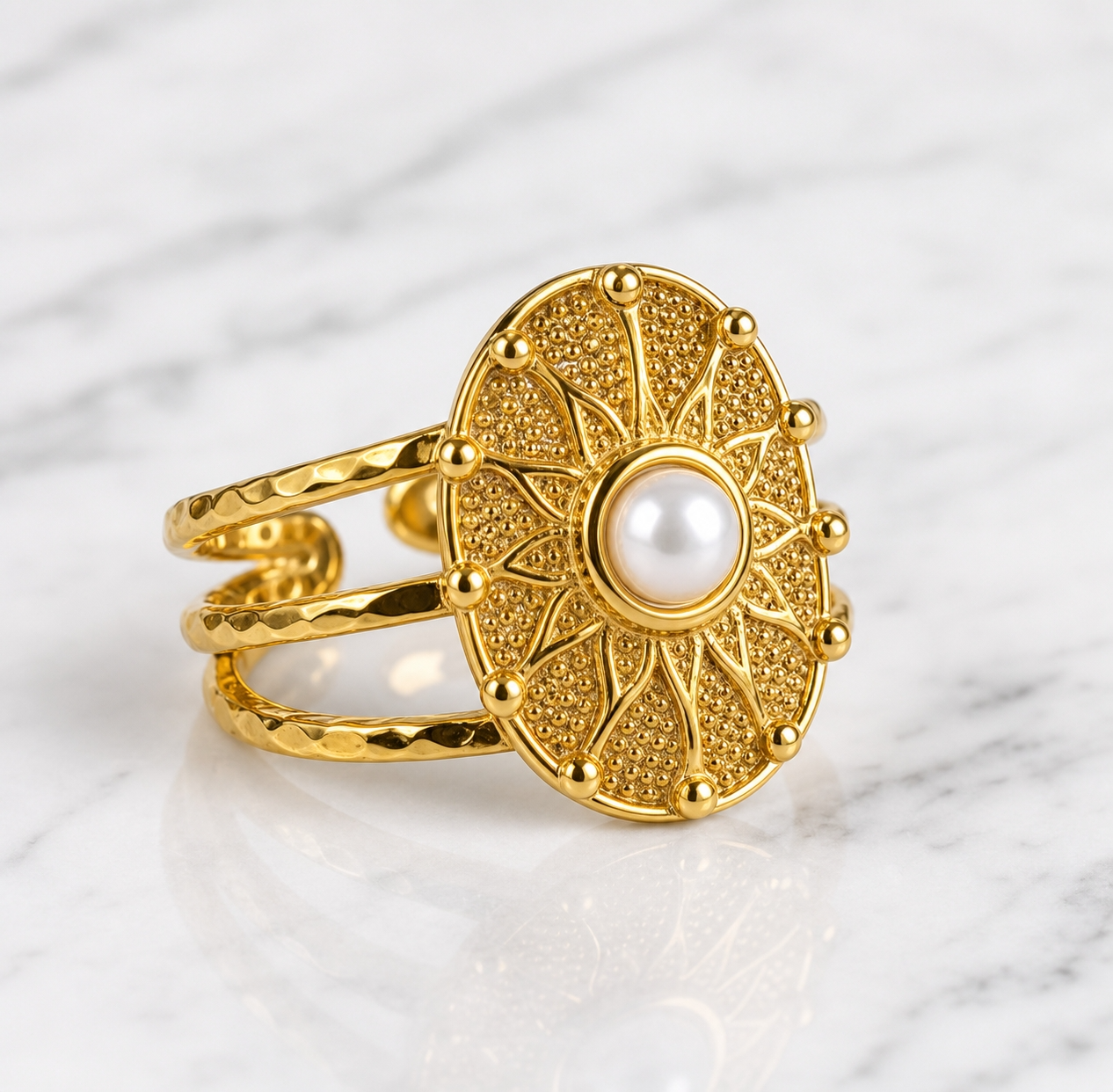 Ethnic Sun Pearl Flexi Size Golden Ring | 18K PVD Gold Plated- For Women | Includes: Ring