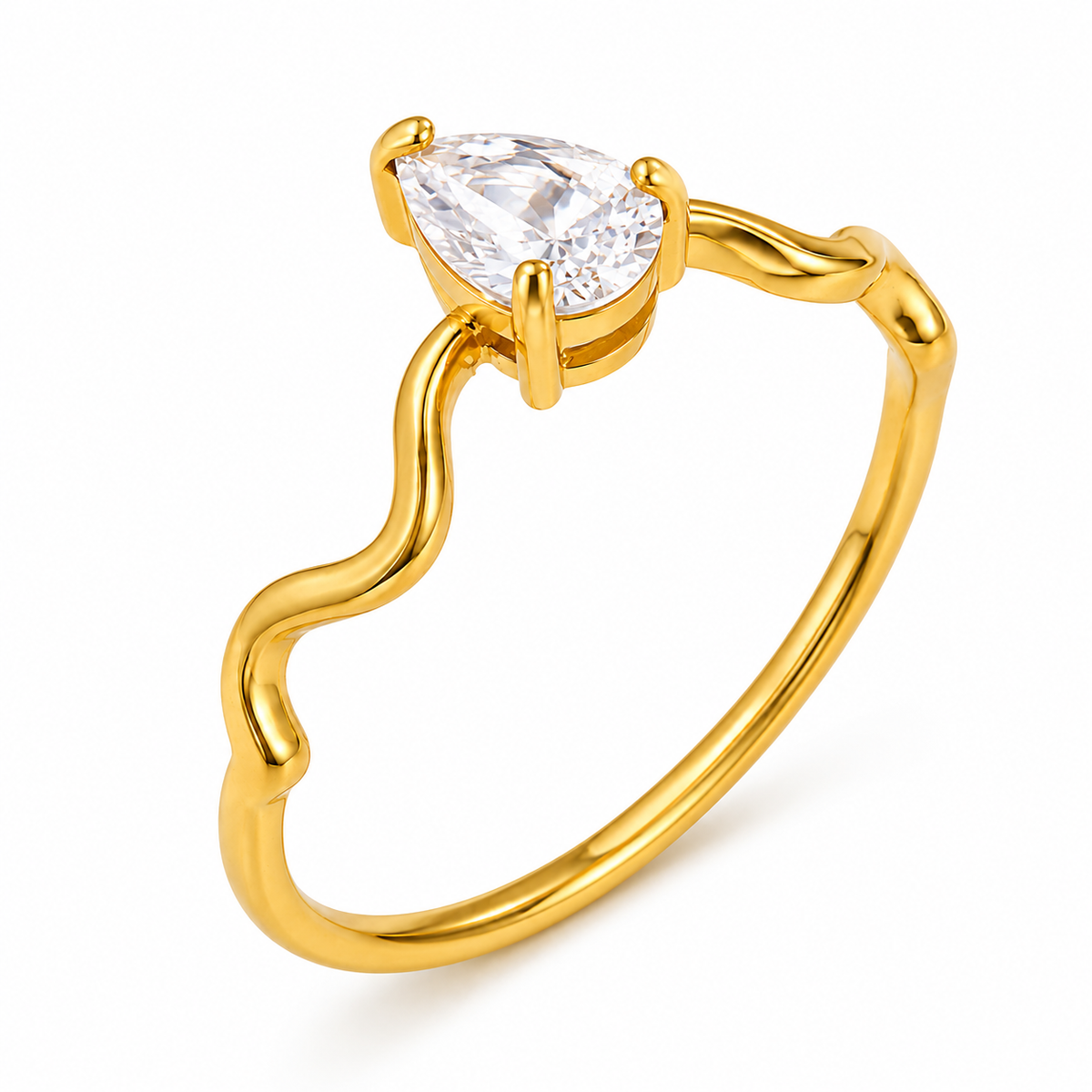 Wavy Ultra Dainty Tear Drop Zircon Ring | 18K PVD Gold Plated- For Women | Includes: Ring