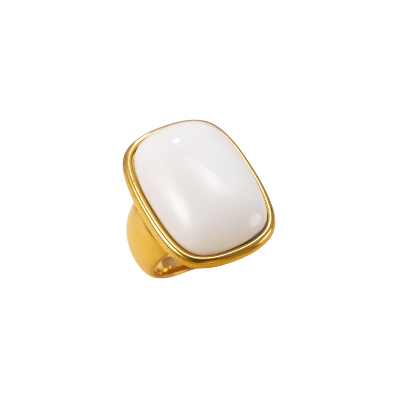 Ultra Bold Natural White Agate Stone Golden Ring | 18K Real Gold PVD Plated– For Men | Includes: Ring