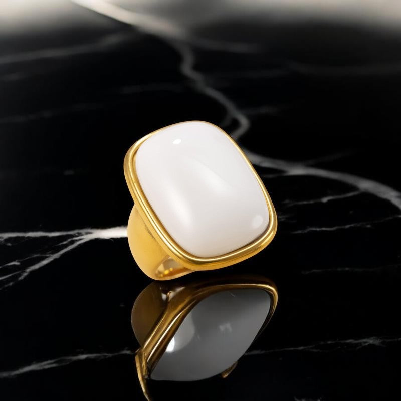 Ultra Bold Natural White Agate Stone Golden Ring | 18K Real Gold PVD Plated– For Men | Includes: Ring
