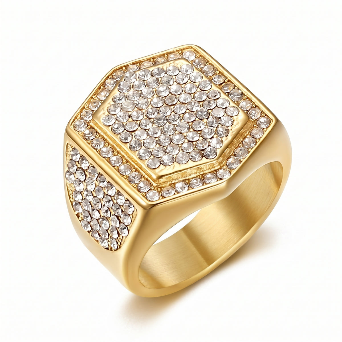 Golden Hexagon Micro Zircon Bold Steel Ring | 18K Real Gold PVD Plated– For Men | Includes: Ring