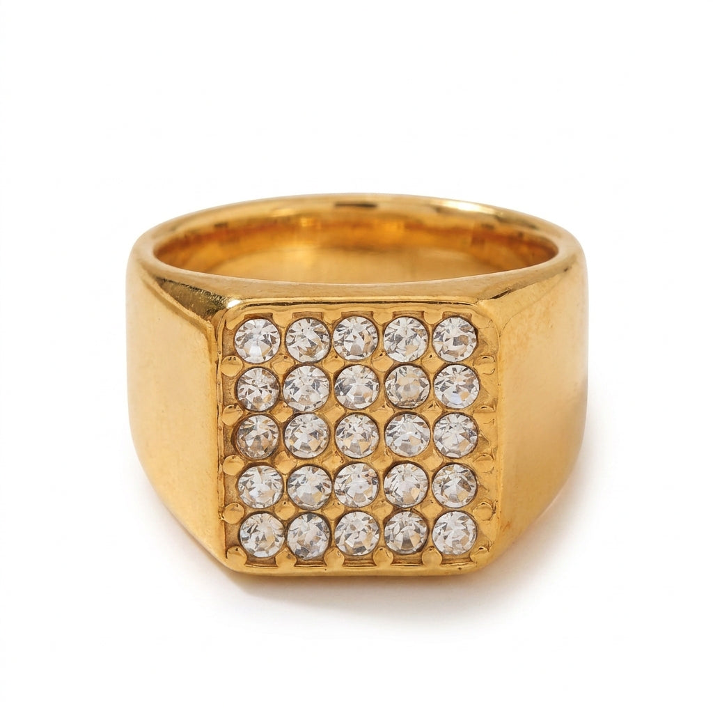 Golden Multi Zircon Square Inlay Steel Ring | 18K Real Gold PVD Plated– For Men | Includes: Ring