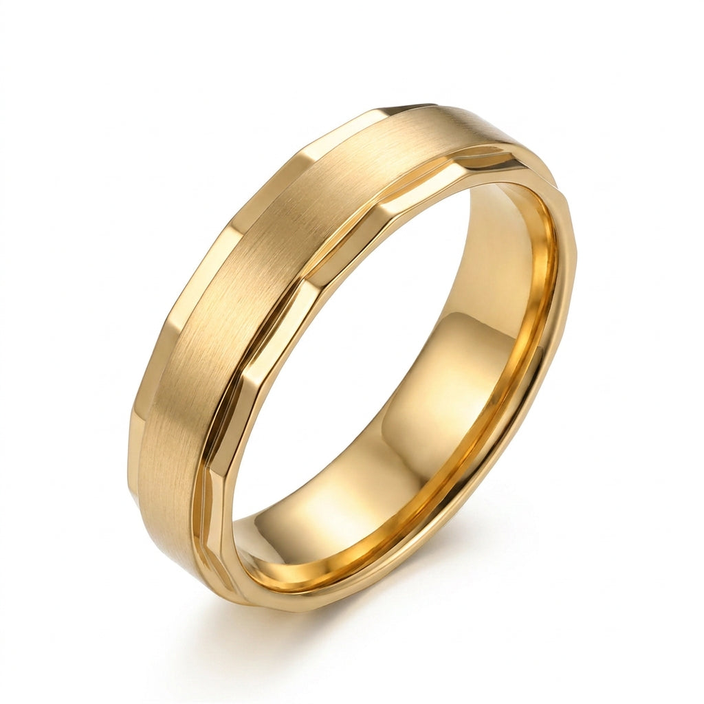 Premium side faceted Golden Steel Ring | 18K Real Gold PVD Plated– For Men | Includes: Ring