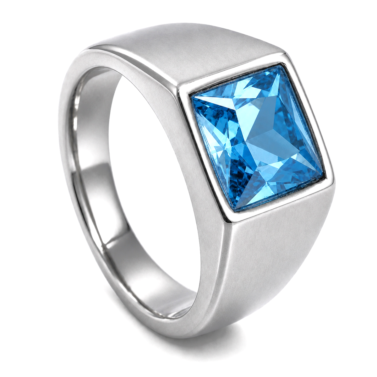 Regular Light Blue Square Zircon Titanium Ring | PVD Plated– For Men | Includes: Ring
