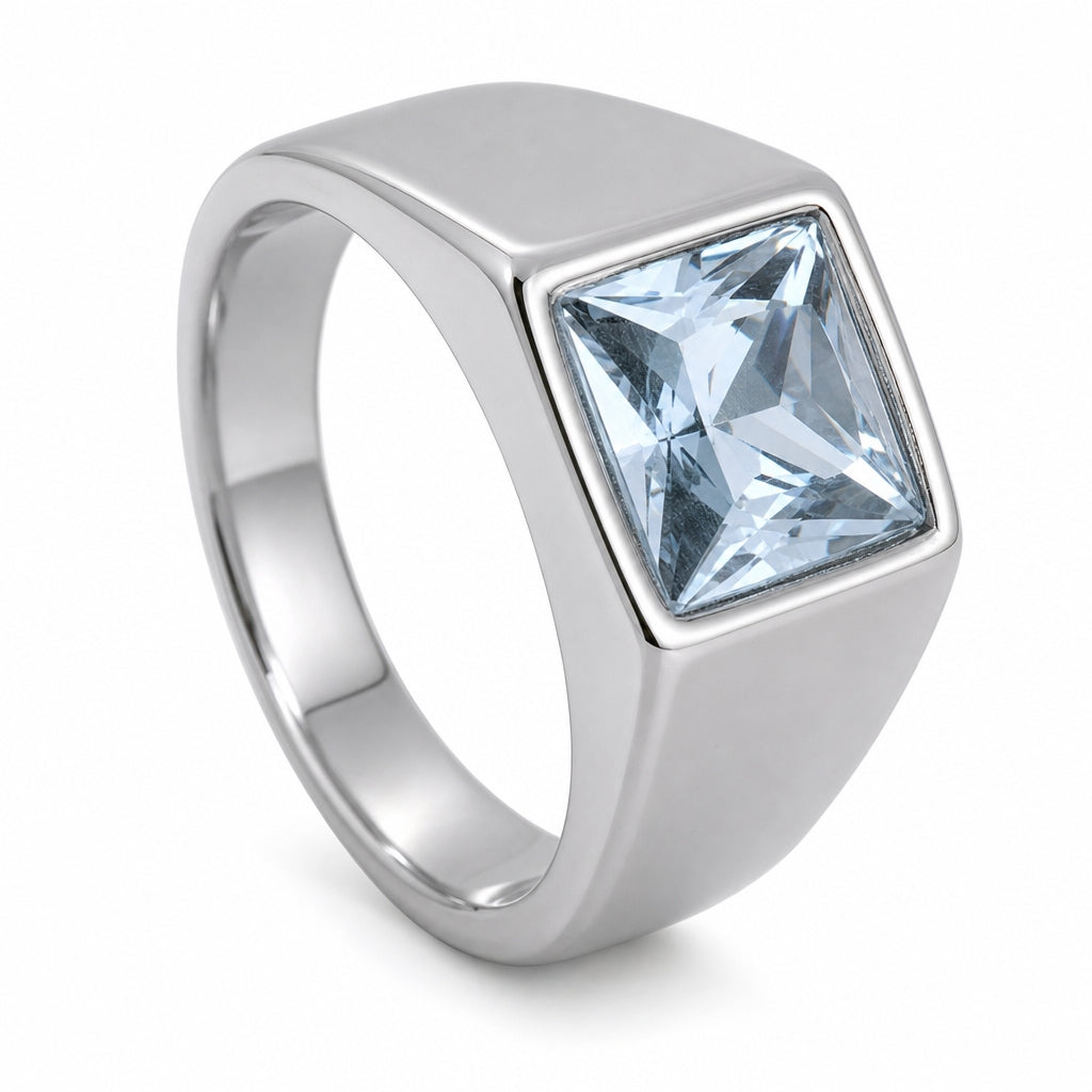 Regular Watery Blue Square Zircon Titanium Ring | PVD Plated– For Men | Includes: Ring