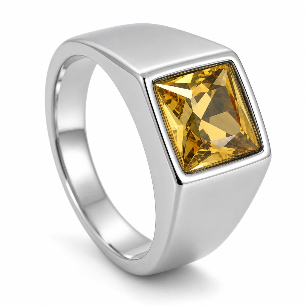 Regular Yellow Square Zircon Titanium Ring | PVD Plated– For Men | Includes: Ring