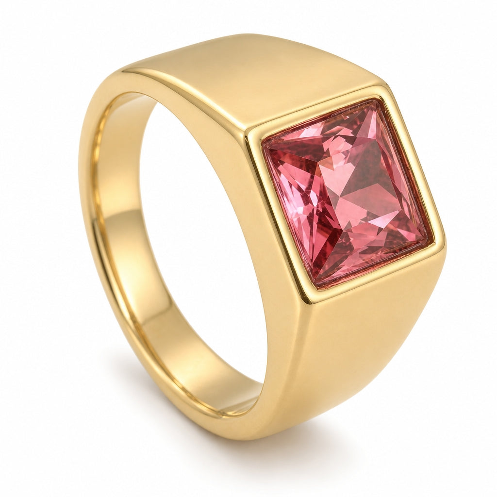 Golden Regular Pink Square Zircon Titanium Ring | 18K Real Gold PVD Plated– For Men | Includes: Ring
