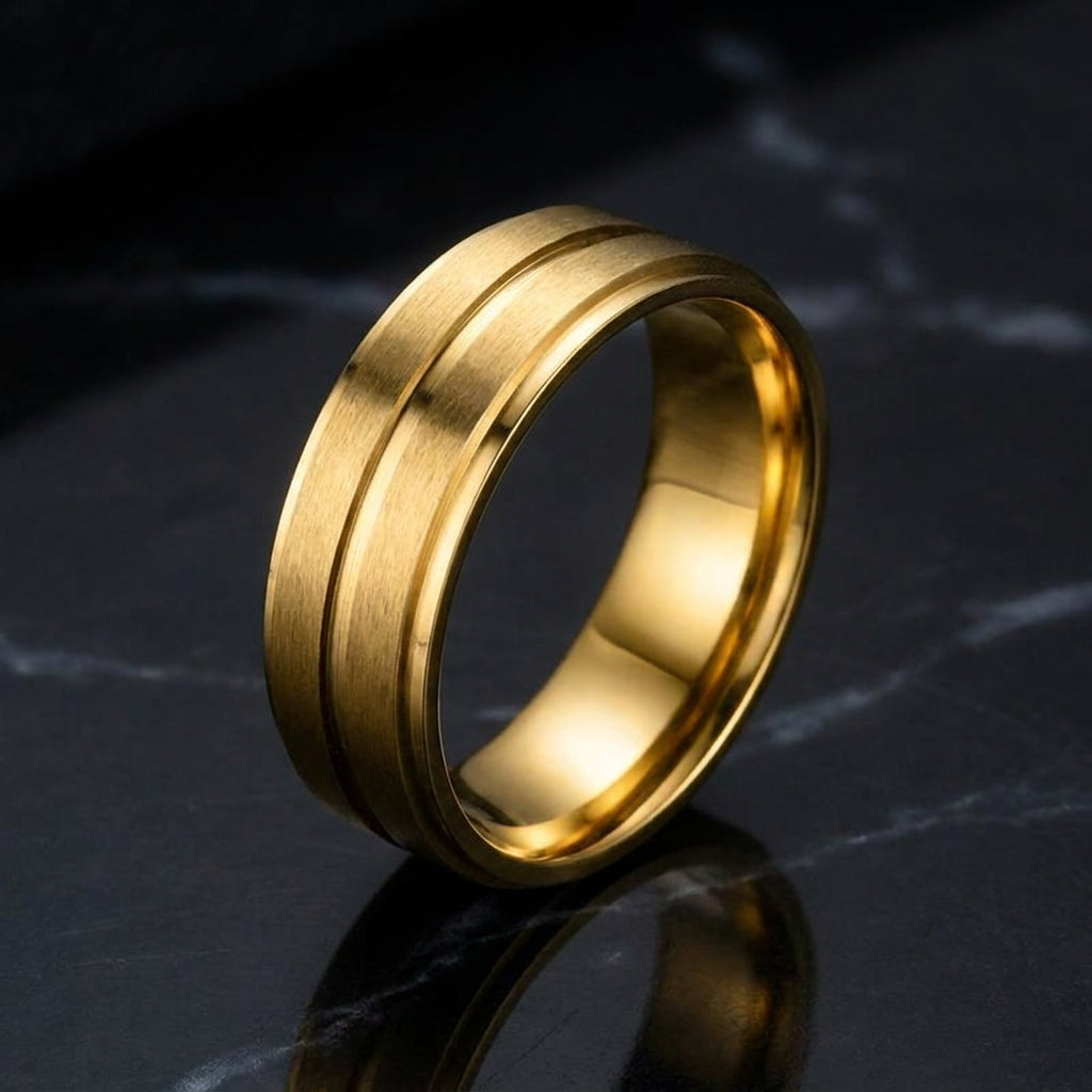 Premium mid-line Golden Steel Ring | 18K Real Gold PVD Plated– For Men | Includes: Ring