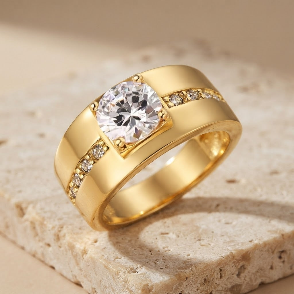 Classic Band Solitire Clear Zircon Ring | 18K Real Gold PVD Plated– For Men | Includes: Ring