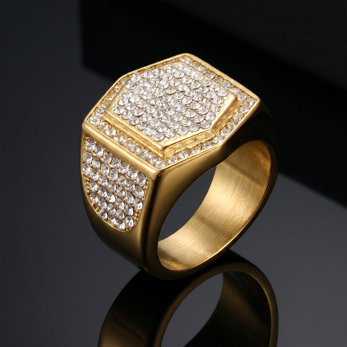 Golden Hexagon Micro Zircon Bold Steel Ring | 18K Real Gold PVD Plated– For Men | Includes: Ring