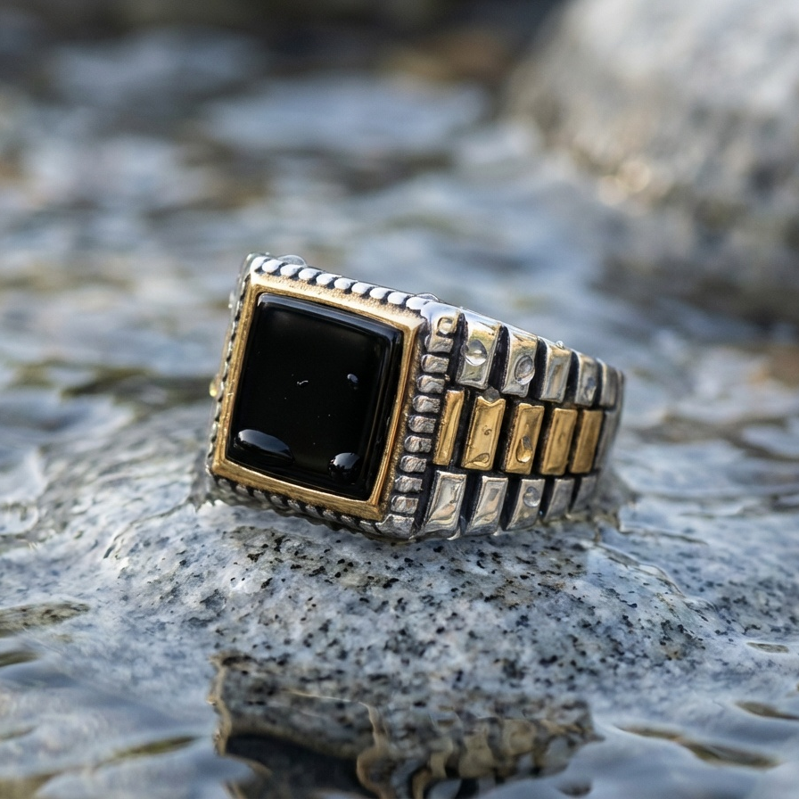 Natural Black Obsidian Stone Pyramid Ring | TITANIUM STEEL– For Men | Includes: Ring