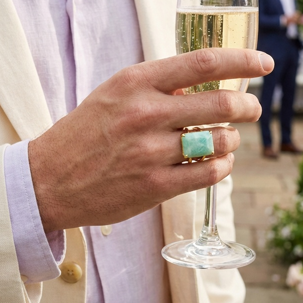 BOLD Natural Amazonite Stone Golden Flexi Size Ring | 18K Real Gold PVD Plated– For Men | Includes: Ring
