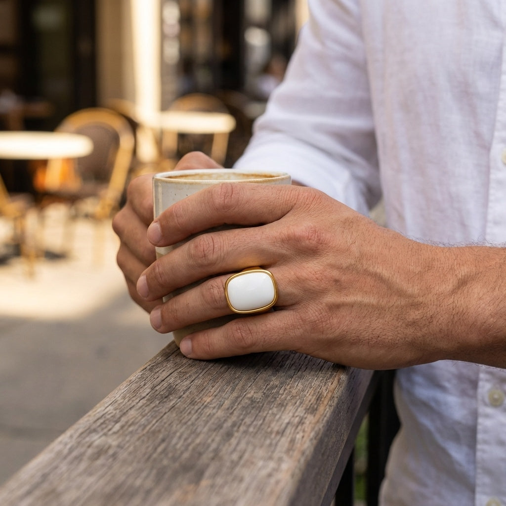 Ultra Bold Natural White Agate Stone Golden Ring | 18K Real Gold PVD Plated– For Men | Includes: Ring