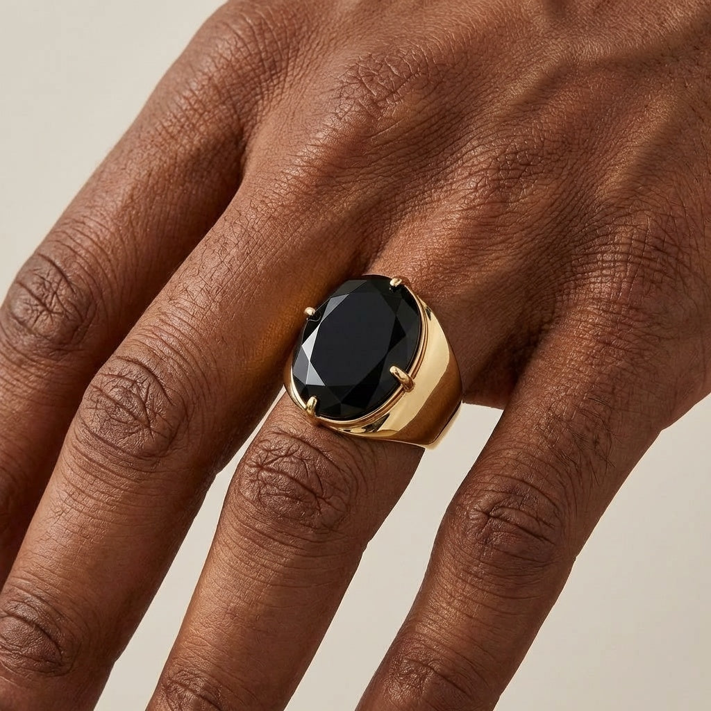 Natural Black Onyx Faceted Stone Golden Flexi Size Ring | 18K Real Gold PVD Plated– For Men | Includes: Ring