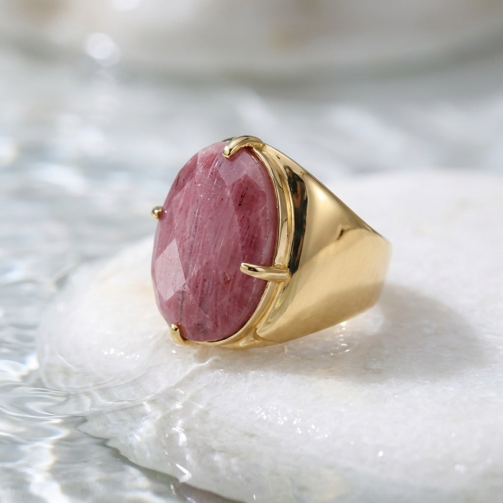 Natural Berry Quartz Faceted Stone Golden Flexi Size Ring | 18K Real Gold PVD Plated– For Men | Includes: Ring