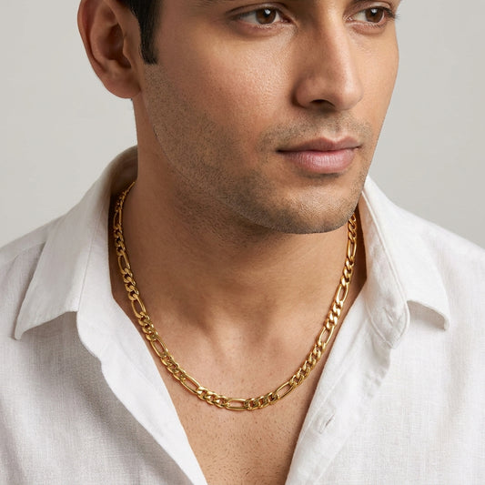 Golden Figaro Regular Steel Chain (9mm) | 18K PVD Gold Plated- For Men| Includes: Necklace