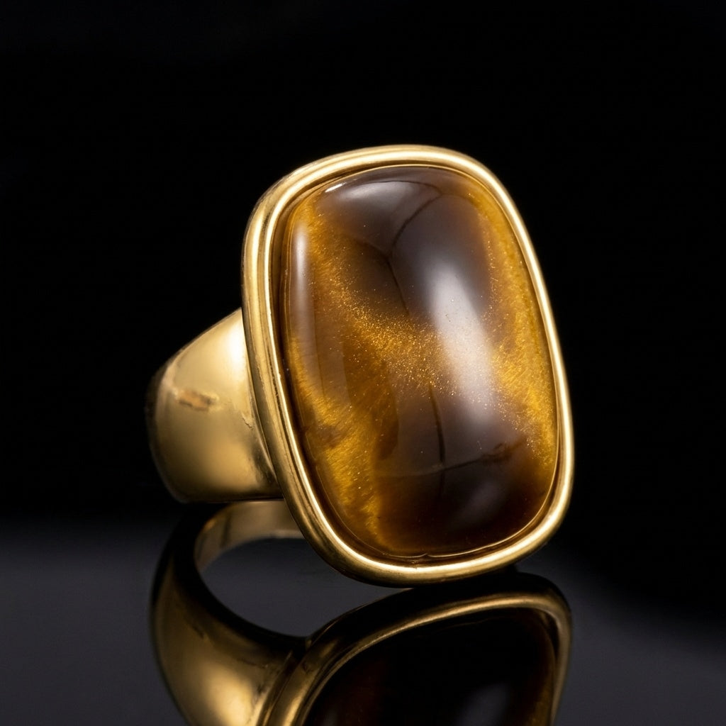 Ultra Bold Natural Cat's Eye Stone Golden Ring | 18K Real Gold PVD Plated– For Men | Includes: Ring