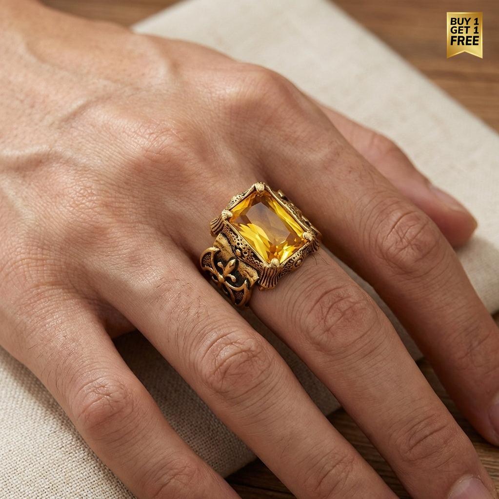 Yellow Zircon BOLD Iranian Golden Titanium Ring | 18K Real Gold PVD Plated– For Men | Includes: Ring